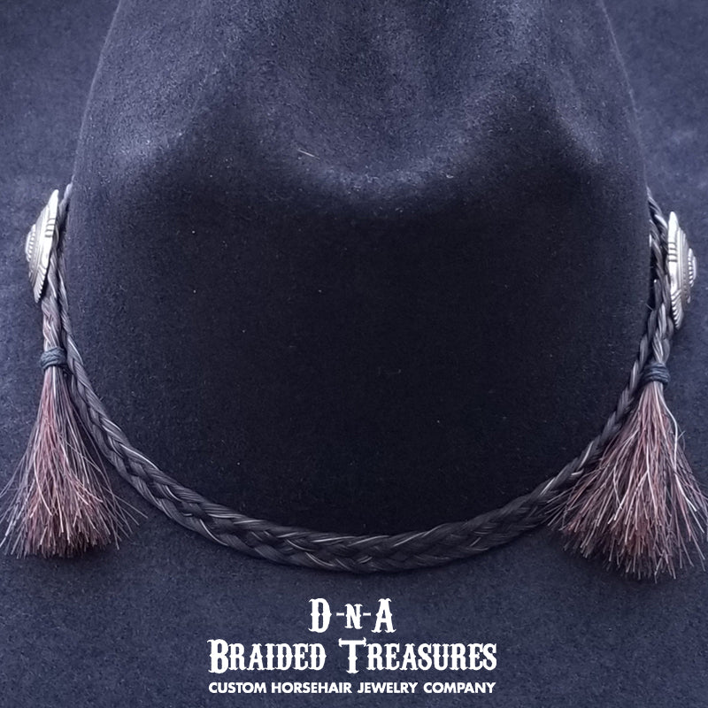 Brown, Black, Gold, and Blue Beaded Hat Band with Horse Hair Tassels